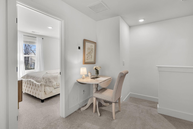 dining area featuring recessed lighting, light colored carpet, visible vents, and baseboards