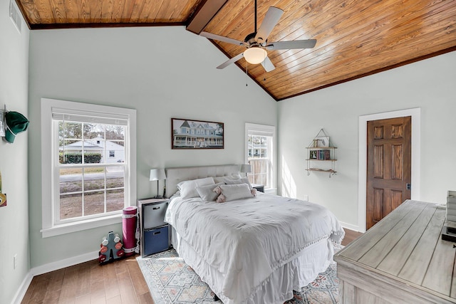 bedroom with wooden ceiling, visible vents, baseboards, and wood finished floors