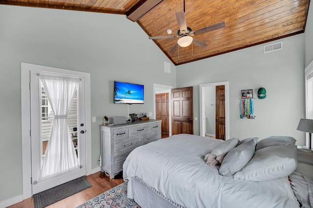 bedroom featuring high vaulted ceiling, wood finished floors, wood ceiling, visible vents, and beam ceiling