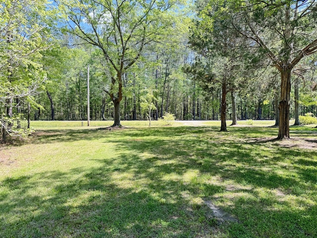 view of grassy yard with a view of trees