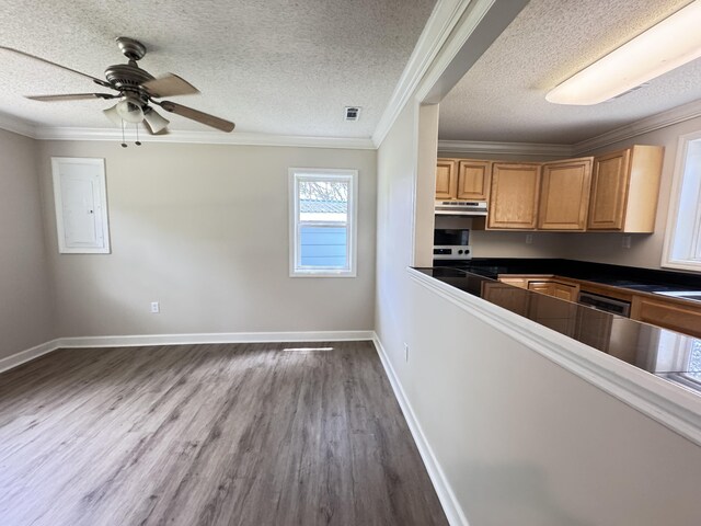 kitchen with dark countertops, ornamental molding, ceiling fan, dark wood finished floors, and a textured ceiling