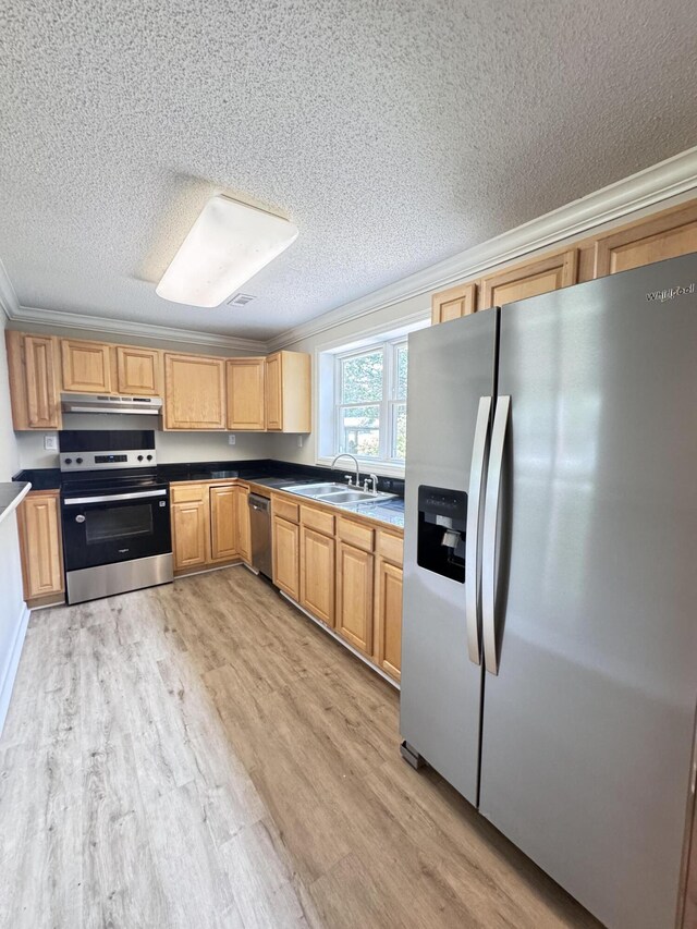 kitchen with stainless steel appliances, a sink, light wood-type flooring, a textured ceiling, and under cabinet range hood