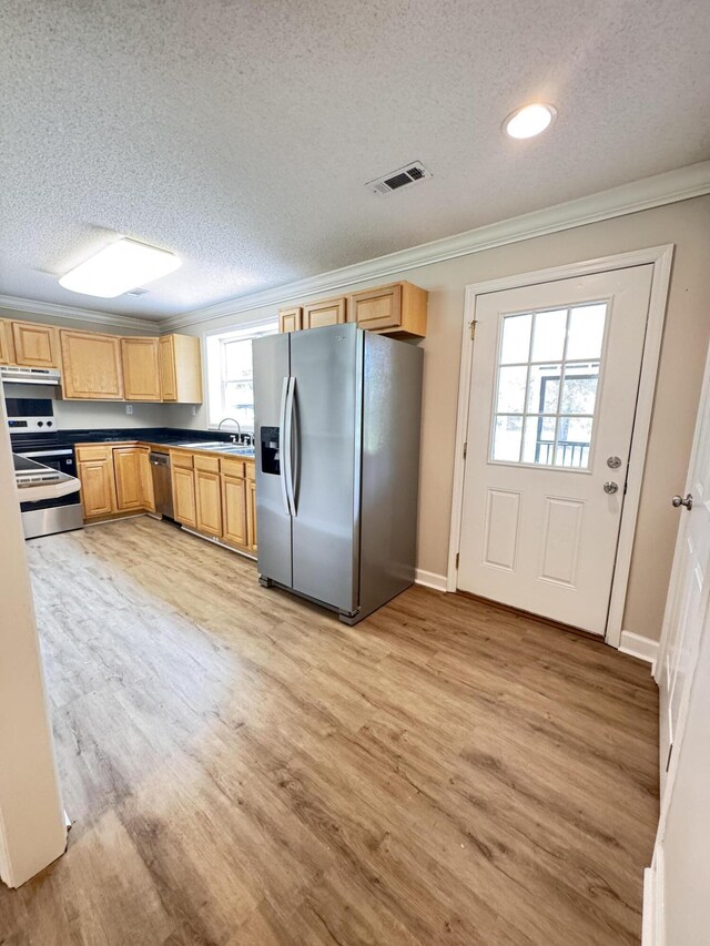 kitchen with appliances with stainless steel finishes, a textured ceiling, ornamental molding, a sink, and light wood finished floors