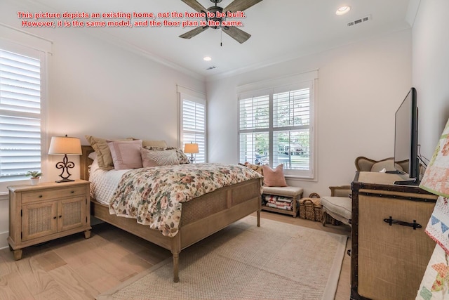 bedroom with crown molding, ceiling fan, and light wood-type flooring