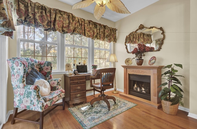 living area featuring wood-type flooring and ceiling fan