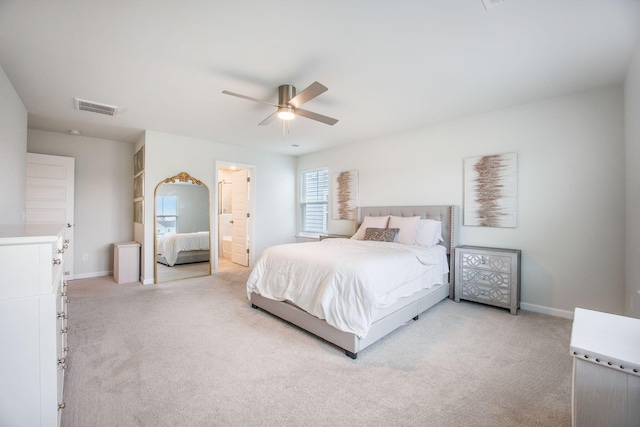 533 Richfield Way, Summerville, SC 29486 - bedroom with ceiling fan, light colored carpet, visible vents, baseboards, and ensuite bathroom