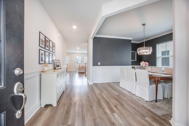 533 Richfield Way, Summerville, SC 29486 - foyer with an inviting chandelier, crown molding, wainscoting, light wood-style floors, and recessed lighting