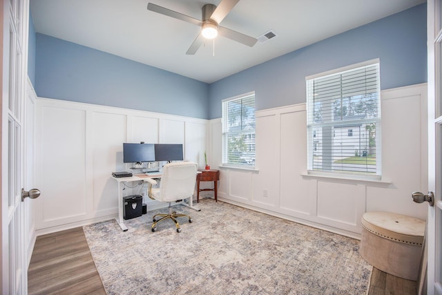 533 Richfield Way, Summerville, SC 29486 - office space with visible vents, wainscoting, wood finished floors, a decorative wall, and a ceiling fan
