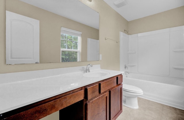 full bathroom with bathing tub / shower combination, vanity, and toilet