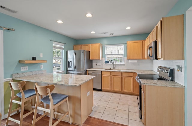 kitchen with kitchen peninsula, a healthy amount of sunlight, sink, and stainless steel appliances