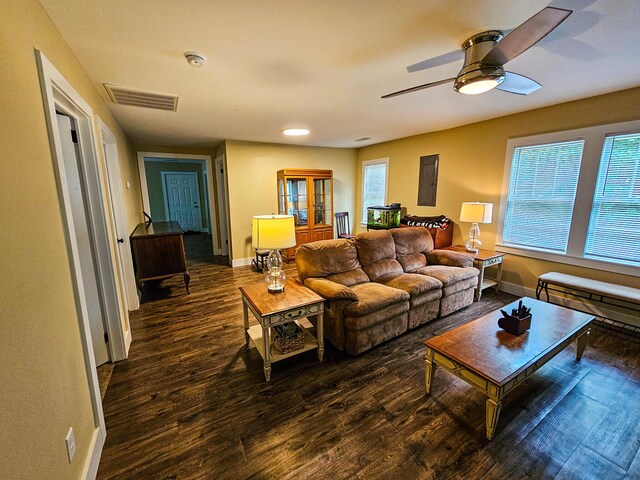 living room with plenty of natural light, ceiling fan, and hardwood / wood-style floors