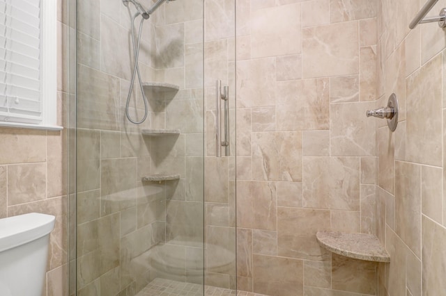 bathroom with toilet and a stall shower