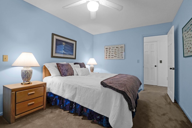 bedroom with carpet floors, baseboards, and a ceiling fan