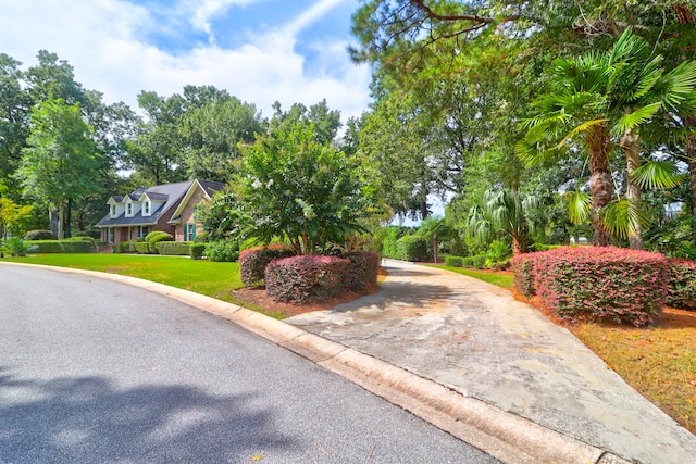 view of property hidden behind natural elements featuring driveway and a front yard