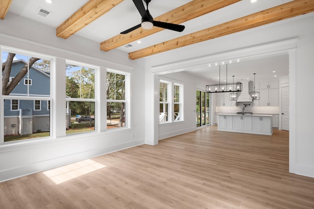 unfurnished living room featuring sink, ceiling fan with notable chandelier, beam ceiling, and light hardwood / wood-style floors