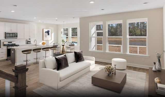 living room with sink, light hardwood / wood-style floors, and a healthy amount of sunlight