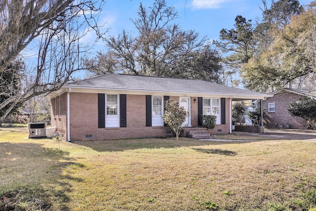 single story home with crawl space, brick siding, central AC, and a front yard