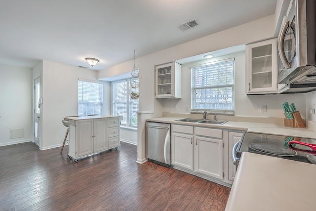 kitchen featuring dark wood-style flooring, stainless steel appliances, visible vents, glass insert cabinets, and a sink