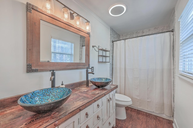 full bath with double vanity, a sink, toilet, and wood finished floors