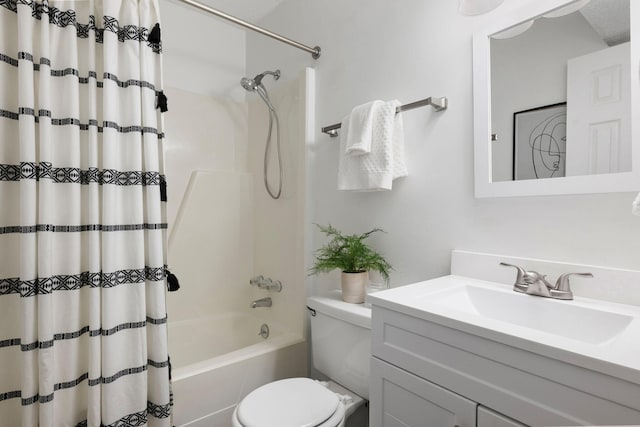bathroom with toilet, shower / bath combination with curtain, and vanity