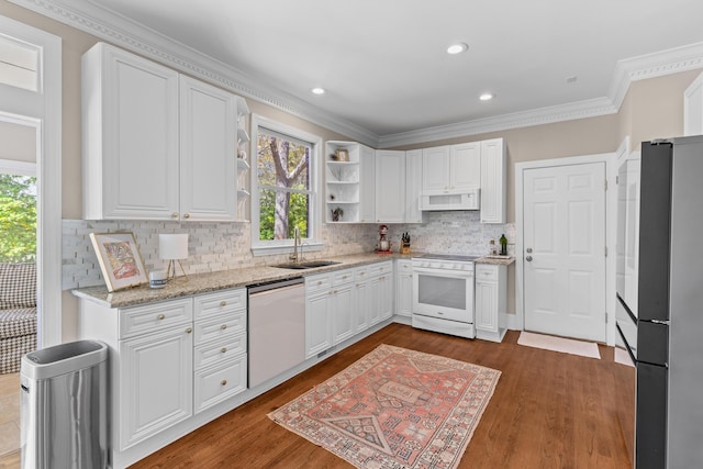 1324 Southlake Dr, Mount Pleasant, SC 29464 - kitchen with dark wood-style floors, white cabinetry, a sink, and white appliances