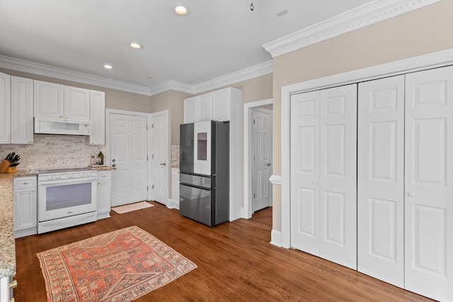 1324 Southlake Dr, Mount Pleasant, SC 29464 - kitchen featuring white cabinets, crown molding, white appliances, dark wood finished floors, and tasteful backsplash