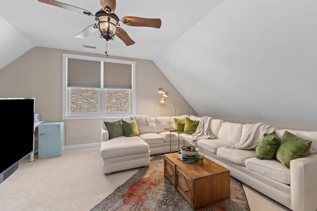 1324 Southlake Dr, Mount Pleasant, SC 29464 - carpeted living room featuring baseboards, visible vents, ceiling fan, and vaulted ceiling