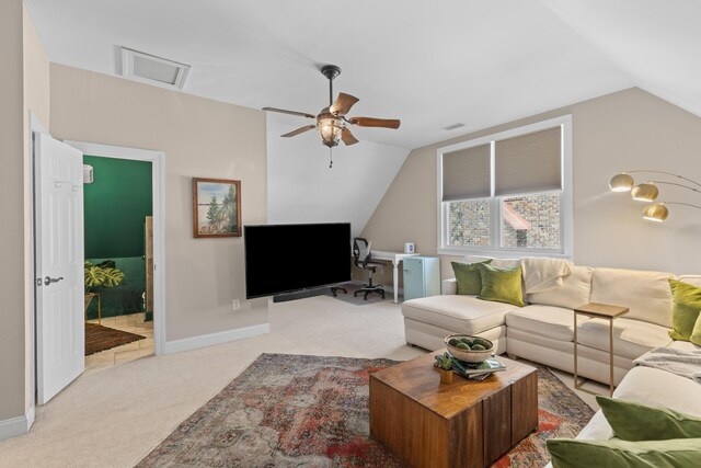 1324 Southlake Dr, Mount Pleasant, SC 29464 - carpeted living area featuring visible vents, baseboards, lofted ceiling, and ceiling fan
