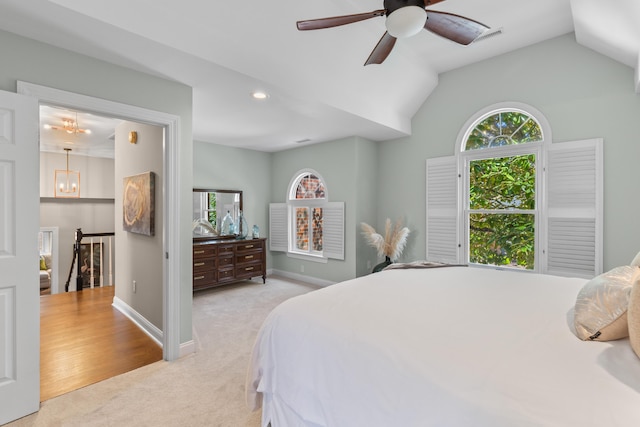 1324 Southlake Dr, Mount Pleasant, SC 29464 - bedroom featuring lofted ceiling, recessed lighting, carpet flooring, baseboards, and ceiling fan