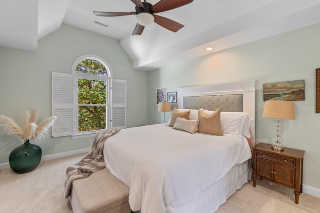 1324 Southlake Dr, Mount Pleasant, SC 29464 - bedroom featuring lofted ceiling, light colored carpet, baseboards, visible vents, and a ceiling fan