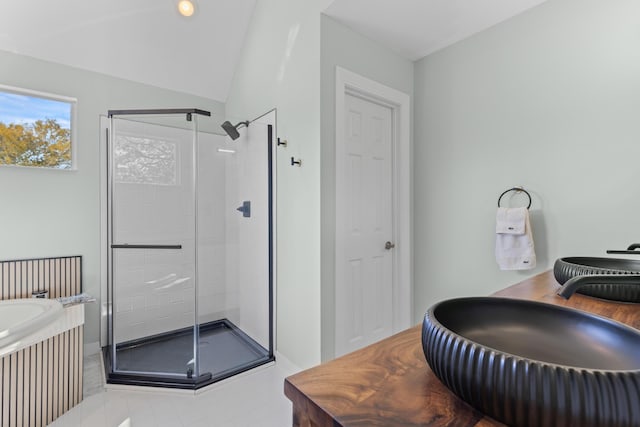 1324 Southlake Dr, Mount Pleasant, SC 29464 - full bath featuring a bath, a sink, vaulted ceiling, and a shower stall