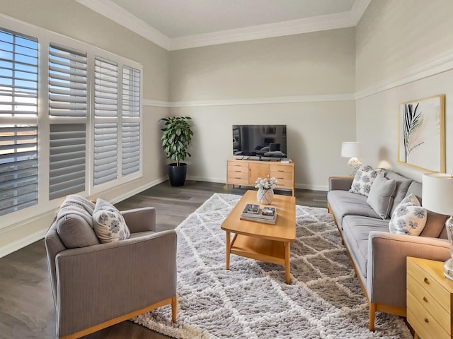 living room with crown molding and dark wood-type flooring