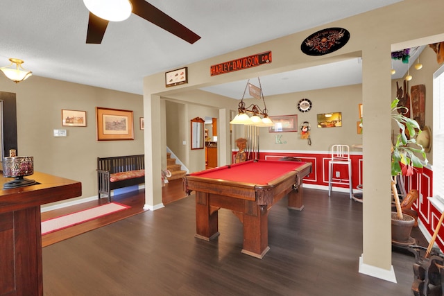 game room with ceiling fan, pool table, and dark hardwood / wood-style floors