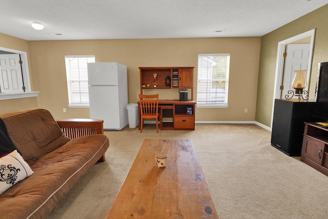 living room with light colored carpet and a textured ceiling