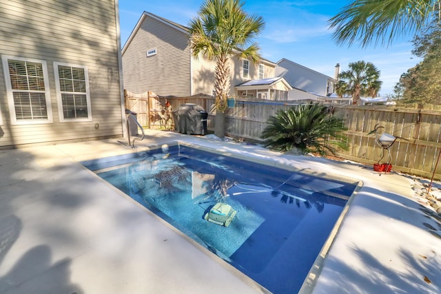 view of swimming pool with a grill and a patio area