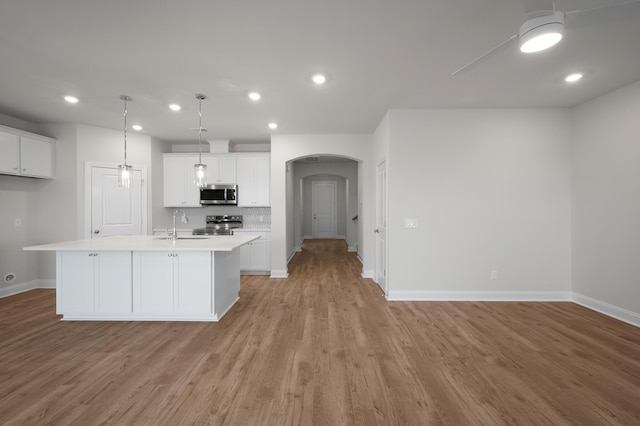 139 Dantzler Rd, Harleyville, SC 29448 - kitchen with a sink, stainless steel appliances, white cabinetry, light countertops, and arched walkways