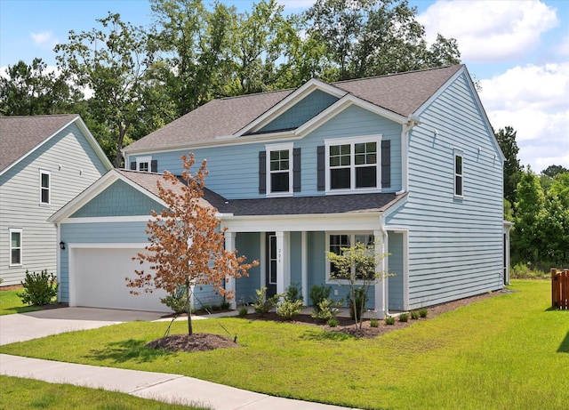 view of front of house with a garage and a front lawn