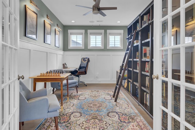 1821 Mead Ln, Johns Island, SC 29455 - office space featuring a decorative wall, plenty of natural light, ceiling fan, a wainscoted wall, and wood finished floors