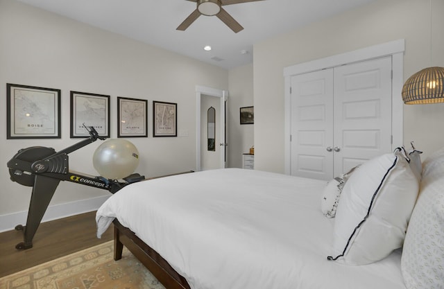 1821 Mead Ln, Johns Island, SC 29455 - bedroom with wood finished floors, baseboards, a closet, a ceiling fan, and recessed lighting