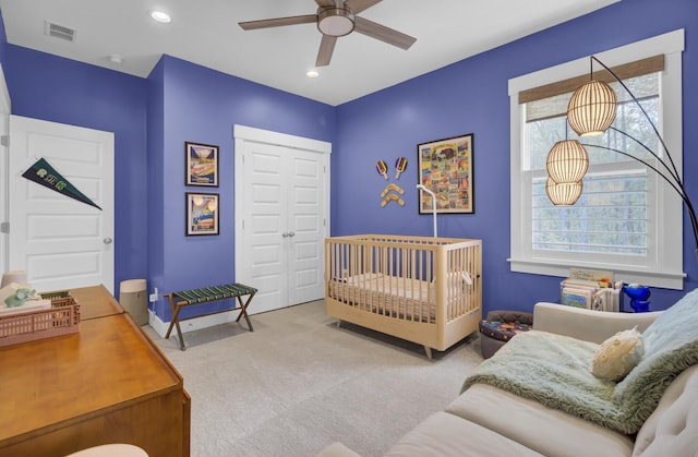 1821 Mead Ln, Johns Island, SC 29455 - carpeted bedroom featuring a closet, ceiling fan, and recessed lighting
