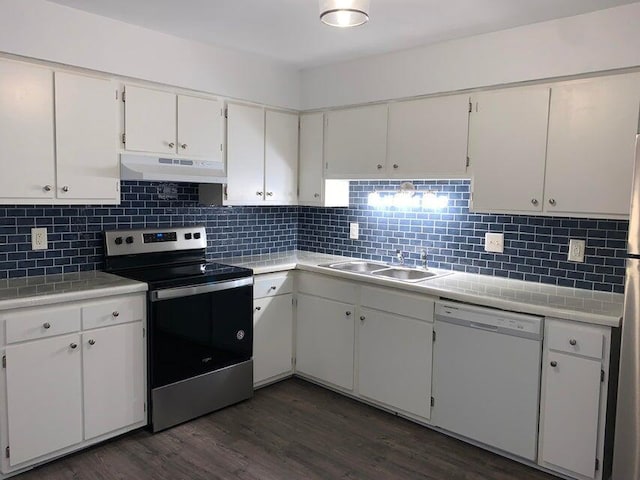 117 Roberta Dr Unit A/B, Summerville, SC 29485 - kitchen with stainless steel electric range, dishwasher, under cabinet range hood, a sink, and dark wood-style flooring