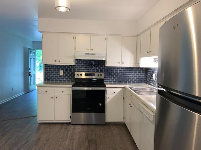 117 Roberta Dr Unit A/B, Summerville, SC 29485 - kitchen featuring appliances with stainless steel finishes, under cabinet range hood, a sink, white cabinetry, and dark wood-style flooring