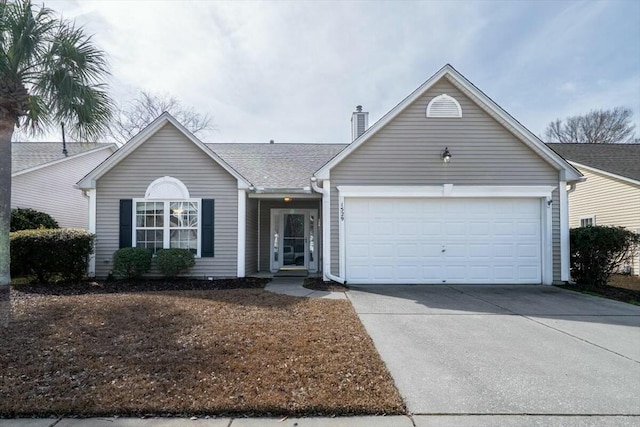 ranch-style house featuring roof with shingles, driveway, a chimney, and an attached garage