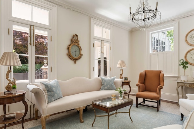 12 Orange St, Charleston, SC 29401 - living area featuring an inviting chandelier, crown molding, and baseboards