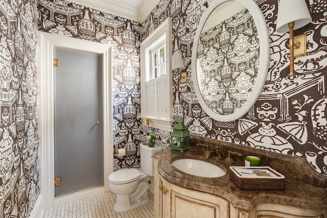 12 Orange St, Charleston, SC 29401 - bathroom featuring wallpapered walls, toilet, baseboards, ornamental molding, and vanity