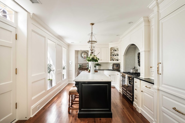 12 Orange St, Charleston, SC 29401 - kitchen featuring range with two ovens, dark wood-style flooring, open shelves, a kitchen island, and white cabinets