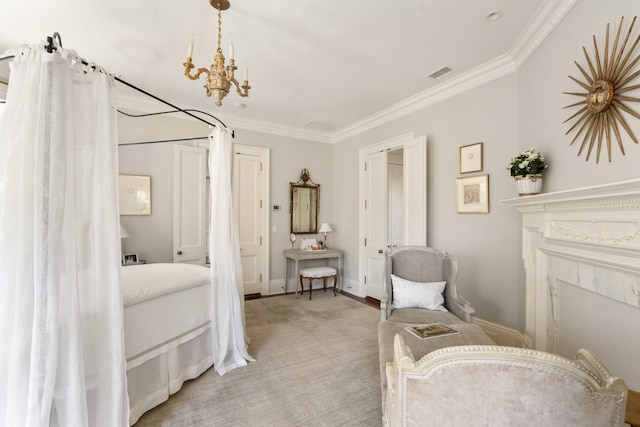 12 Orange St, Charleston, SC 29401 - bedroom with baseboards, ornamental molding, an inviting chandelier, visible vents, and light colored carpet