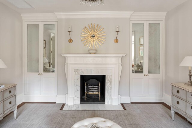 12 Orange St, Charleston, SC 29401 - living area with crown molding and a high end fireplace