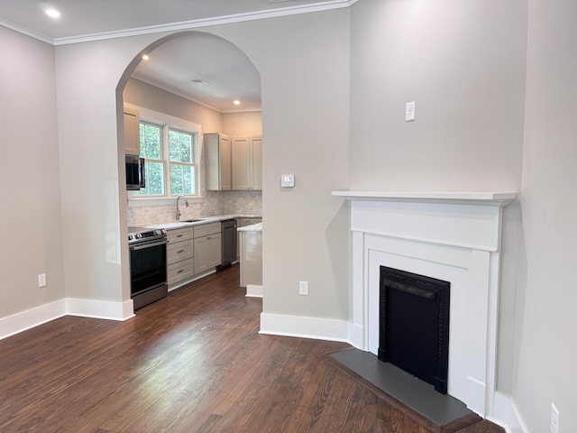 bar with dark wood-style flooring, a fireplace, baseboards, a sink, and stainless steel appliances
