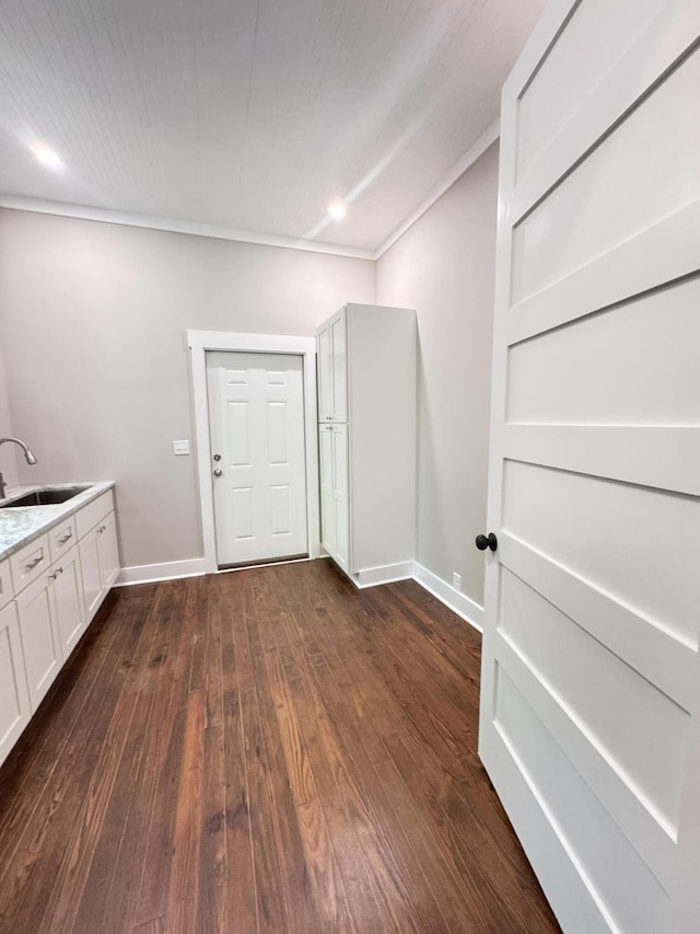 interior space with a sink, baseboards, and dark wood finished floors